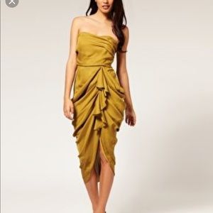 Asos bandeau dress heavy drape golden olive sz 8
